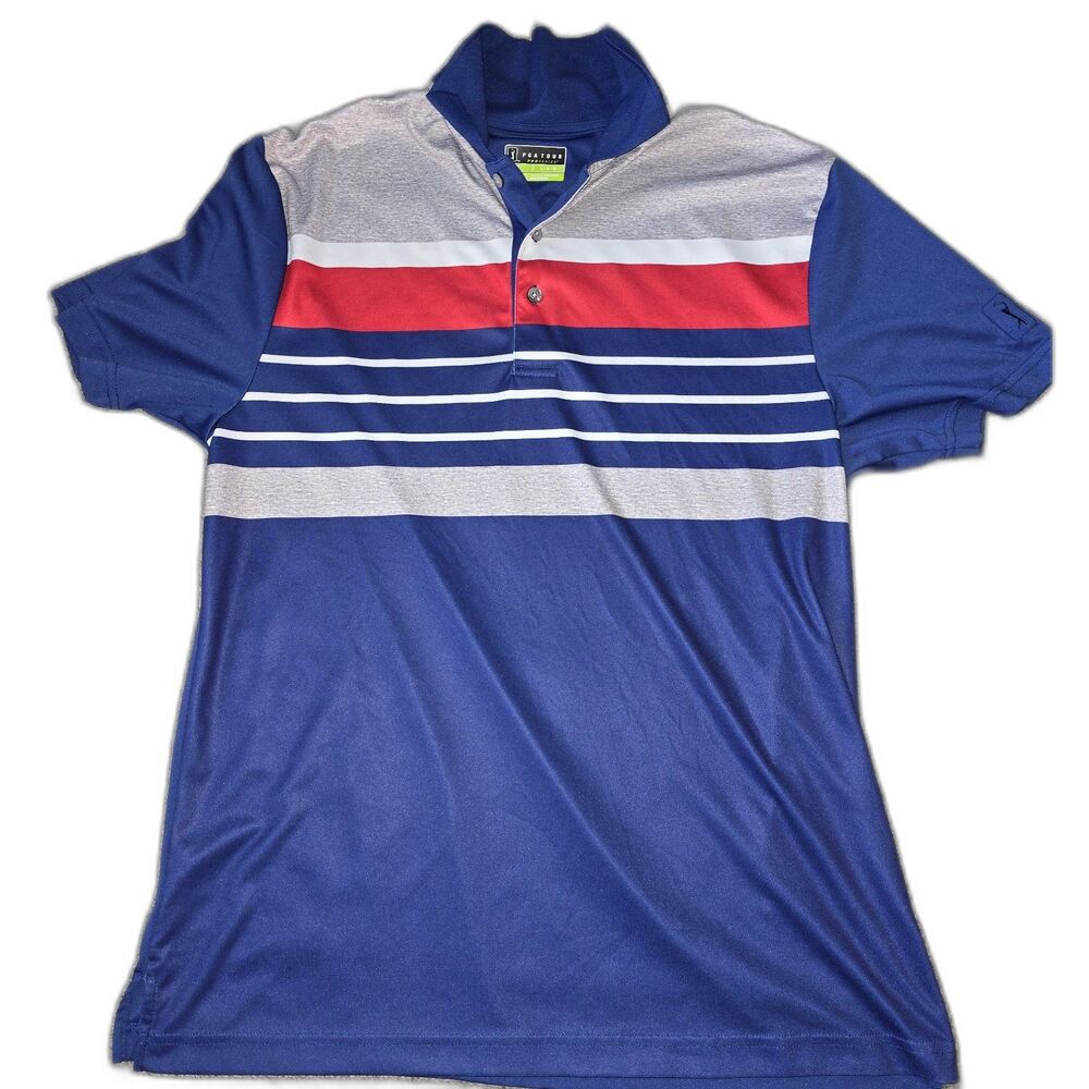 PGA TOUR PRO SERIES Men's Large Golf Polo. Blue, Gray, Red Strips. Gently Used!!